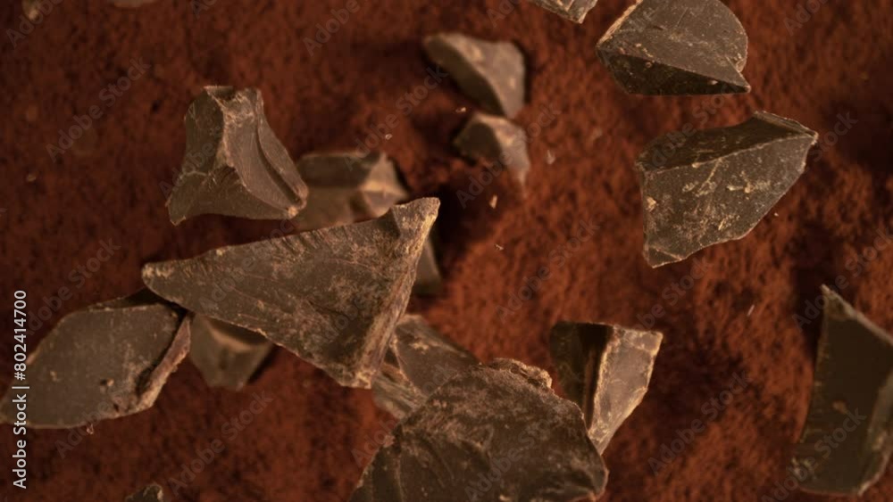 Poster super slow motion of falling group of chocolate pieces. falling down into cocoa powder. filmed on hi