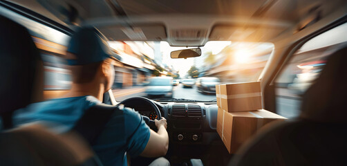 Courier van interior, package delivery and driver in transportation for online shopping services.