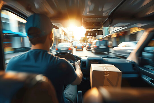 Courier van interior, package delivery and driver in transportation for online shopping services.