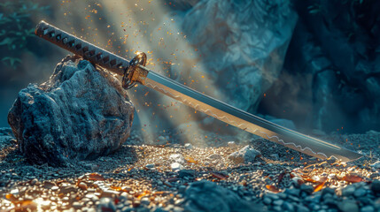 A sword is laying on a rock, with the sun shining on it