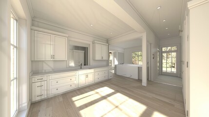 a large, elegant bathroom boasting an open layout adorned with two white cabinets and a double vanity, exuding sophistication through clean lines and bathed in natural light