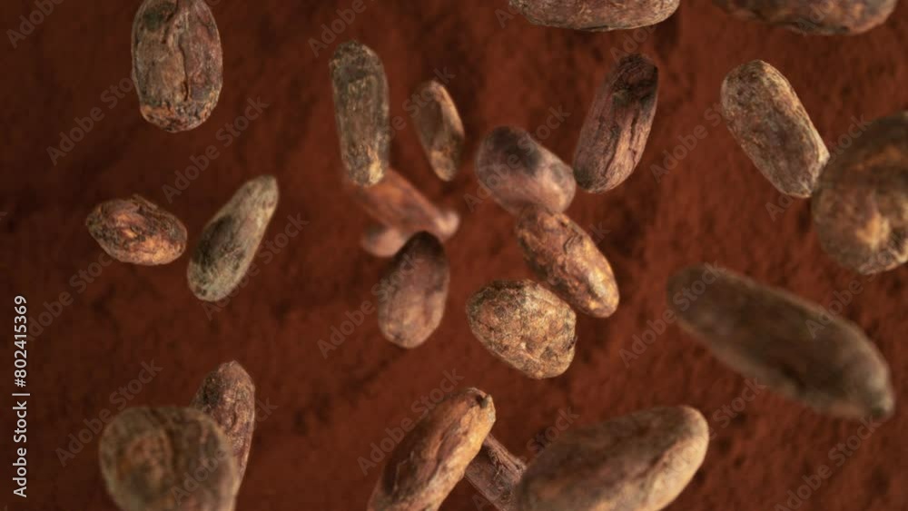 Poster Super Slow Motion of Falling Group of Cocoa Beans. Falling Down into Cocoa Powder. Filmed on High Speed Cinema Camera, 1000fps.