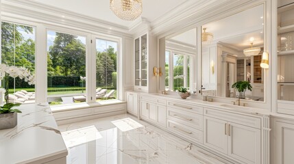 Fototapeta premium a large, elegant bathroom boasting an open layout adorned with two white cabinets and a double vanity, exuding sophistication through clean lines and bathed in natural light