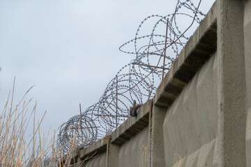 Barbed wire over a concrete wall against the background of a cloudy sky