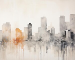 Cityscape painting in watercolor. Grey and orange colors.