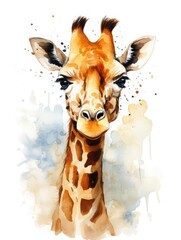 The image is a watercolor painting of a giraffe