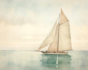 Fototapeta premium The image shows a watercolor painting of a sailboat on a calm sea with a light blue sky and white clouds.