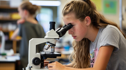 Young caucasian girl focused on using a microscope in a science laboratory