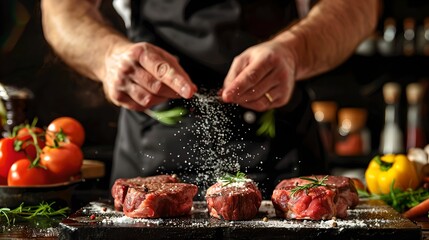 Chef seasonings steak skillfully in kitchen. Culinary art, fresh ingredients. Professional cuisine, gourmet meal preparation. Vibrant, action shot. AI
