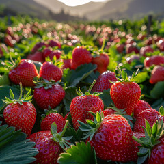 Strawberry field on fruit farm. Fresh ripe organic strawberry  ai technology