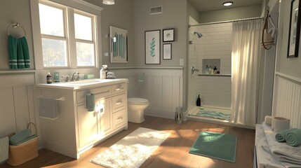 a large, elegant bathroom boasting an open layout adorned with two white cabinets and a double vanity, exuding sophistication through clean lines and bathed in natural light