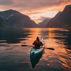 Aerial view of kayaks, paddling towards mountains and the sunset in Lofoten, Norway