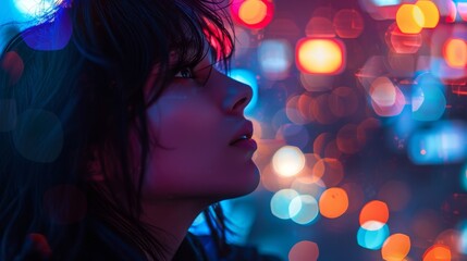 Close-up of a woman's profile against a vibrant, bokeh light background, highlighting themes of nightlife and urban exploration.