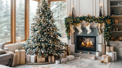 Luxurious living room at Christmas with a beautifully decorated tree and fireplace, ideal for holiday home decor stories.