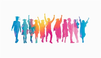 A silhouette of students celebrating their graduation on a white background with a colorful palette Generative AI