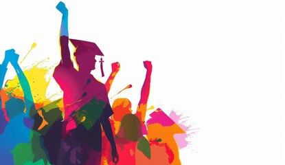 A silhouette of students celebrating their graduation, with vibrant colors and a white background Generative AI