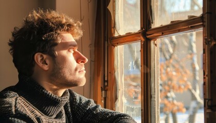 Man Looking Out of Winter Window