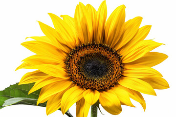 A close up of a yellow sunflower with a white background