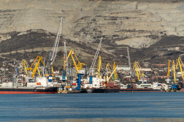Novorossiysk, Russia 08.18.2023. Port cranes, Black Sea, port, Krasnodar Territory, Novorossiys