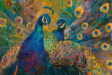 Two peacocks are depicted in a painting with their feathers spread out - obrazy, fototapety, plakaty