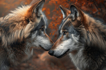 Two wolves are looking at each other with their noses touching