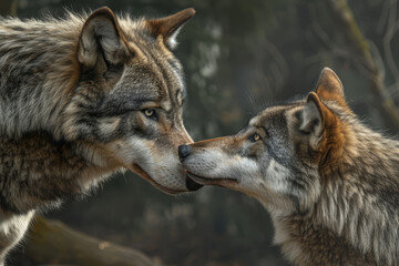Two wolves are kissing each other's faces