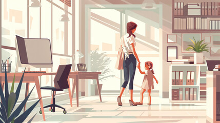 Fototapeta premium Illustrated scene of a businesswoman at work in her offce with her child, embodying work-life balance