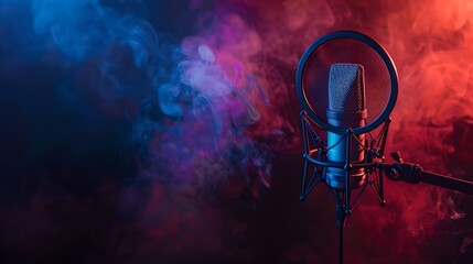 Professional Studio Microphone on Moody Colored Background. High-Quality Recording Equipment in Dark Ambience with Smoke. Podcasting and Music Production Gear. AI