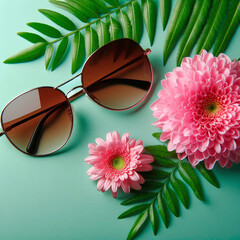 Stylish sunglasses and pink flowers on green background. Flat lay.