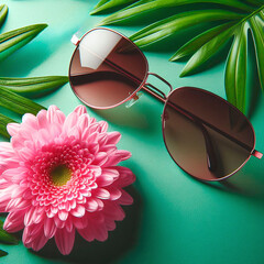 Stylish sunglasses and pink flower on a green background. Flat lay.
