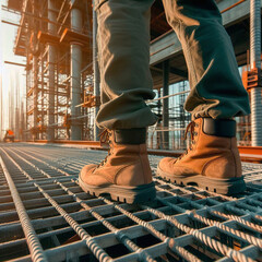 Close-up of a man's feet standing on a construction site