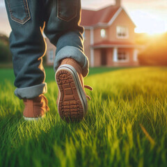 A little boy runs through the green grass in front of a new house.