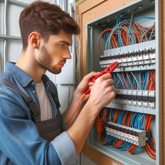 Electrician with wires in fuse box, closeup. Electrician service