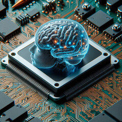 Artificial intelligence concept with human brain and circuit board. 3D Rendering