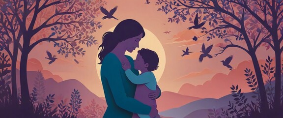 "Cherish maternal love with our Mother and Child Paper Cut Scene Background. Serene hues & intricate cutouts capture a tender embrace." Digital Artwork ar 2:39:1.
