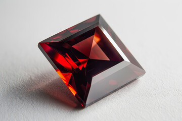 A red gemstone is sitting on a white surface