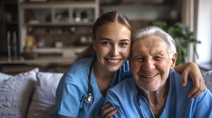 Caring nurse with elderly patient smiling at home. Warm and friendly healthcare. Professional in-home medical care services. Tender moment captured in casual style. AI