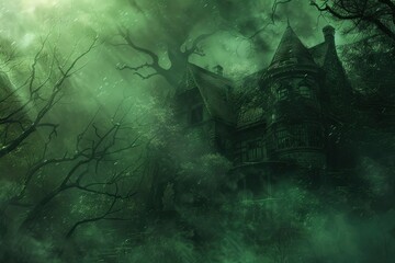 a haunted house in the woods with green mist and trees