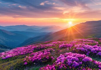  Colorful sunrise in the mountains with blooming purple rhododendron flowers on a grassy hill,