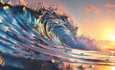 Colorful wave at sunset,  view of the inside of an ocean wave with a golden sun setting.