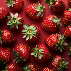 Ripe juicy strawberries on a red background. pattern. Creative summer background composition with strawberry. Minimal fruit concept ai technology
