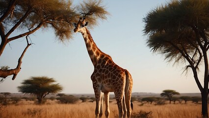 A tall giraffe is standing in a dry, grassy field eating leaves from a tree.