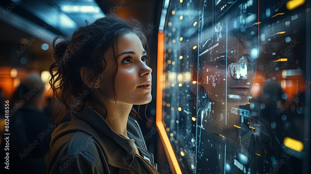 Aufkleber woman examining data display on wall. generative ai