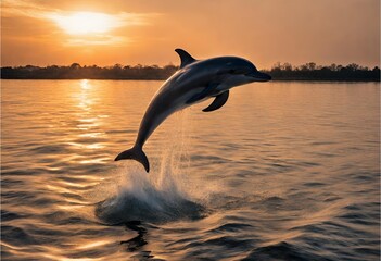 Dolphins jumped into the river and water splash