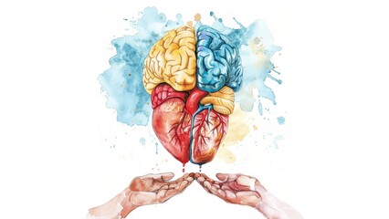 Hands holding an object that is half a brain and half a heart shape that together make up a heart shape that shows closeness, caring, connection, a beautiful and delicate watercolor illustration
