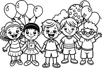 Children with balloons. International Children's Day. Black and white vector illustration