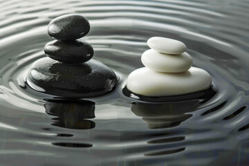 Two stones are floating in a body of water