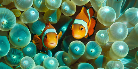 Two anemone clown fish reminding us why we all love on sea and swimming in a coral reef.