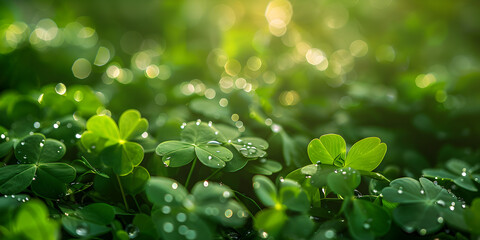 Green leaves with some shamrocks flying on top of the green with Swaying in Serenity Clover blurred defocused background at sunny day.