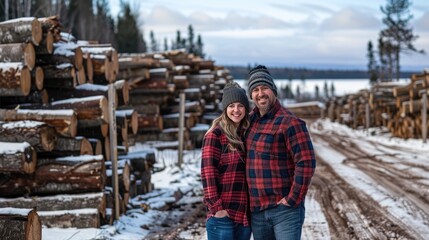 a man and woman, clad in cozy flannel shirts and beanie hats, stand proudly in front of towering stacks of cut trees, their smiles radiating warmth against the backdrop of a serene winter landscape.